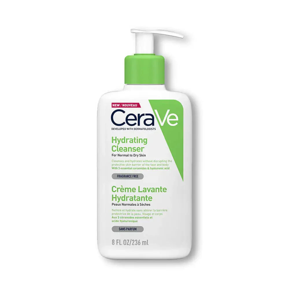 CeraVe hydrating cleanser bottle on a white background
